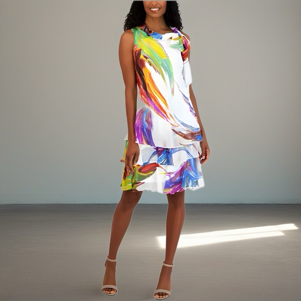 Robbie Bee Printed Tie-Neck Tiered-Hem Dress Size 6P